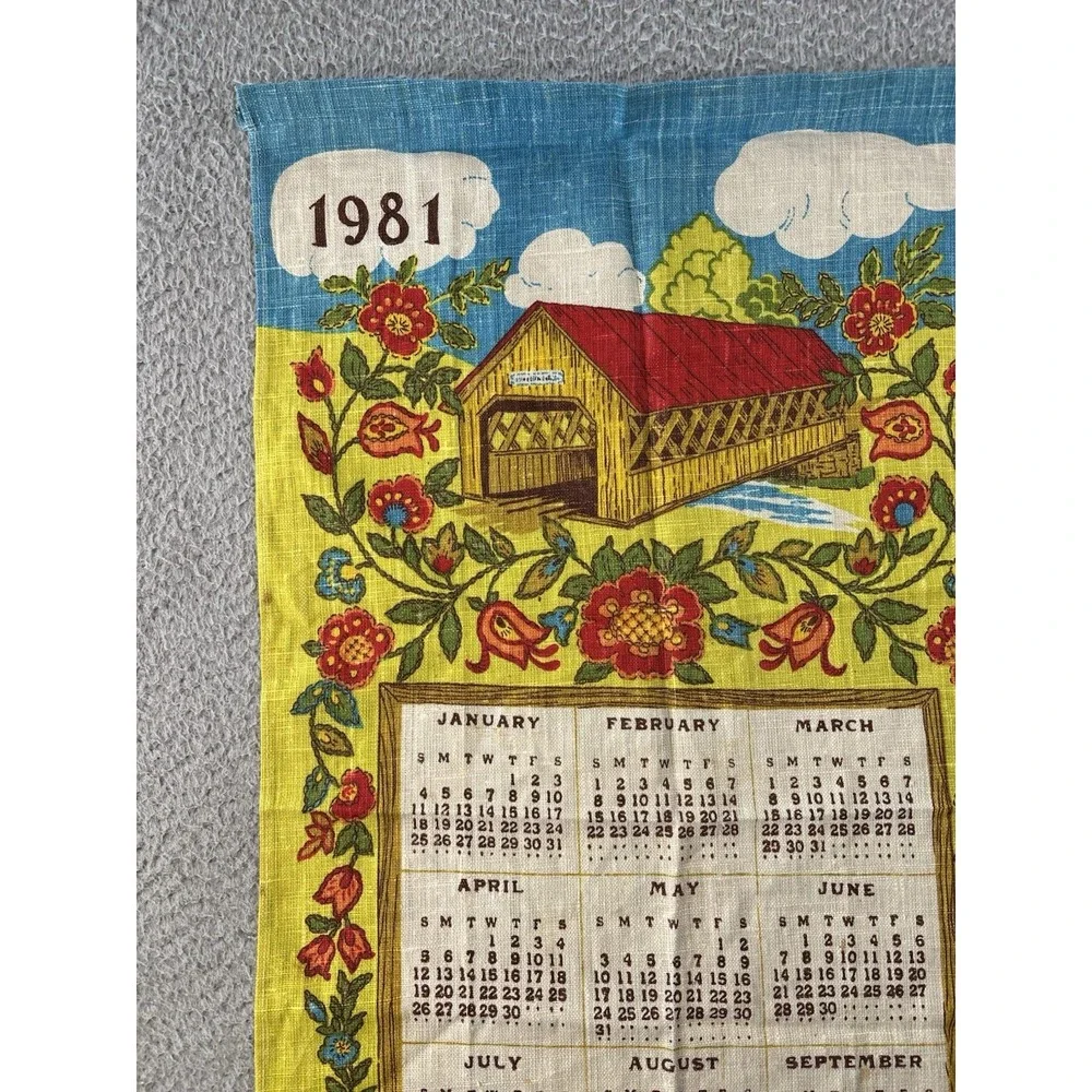 Vintage 1981 Calendar Tea Towel 16x29 Country Cottagecore Floral